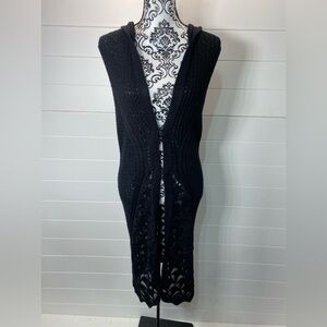 3 Sisters Sweater Womens S/M Black Cable Knit Sleeveless Long Cardigan Hoodie
